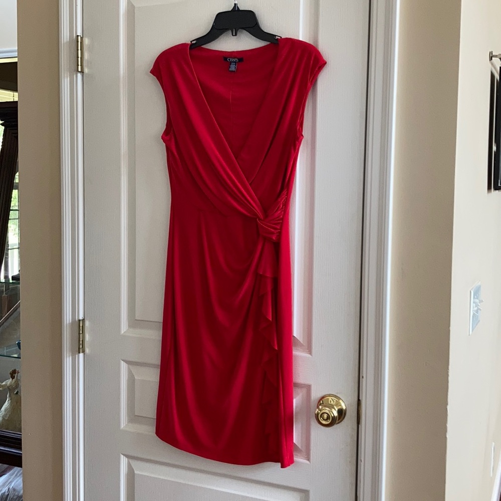 Chaps gathered waist sheath cap sleeve red dress
